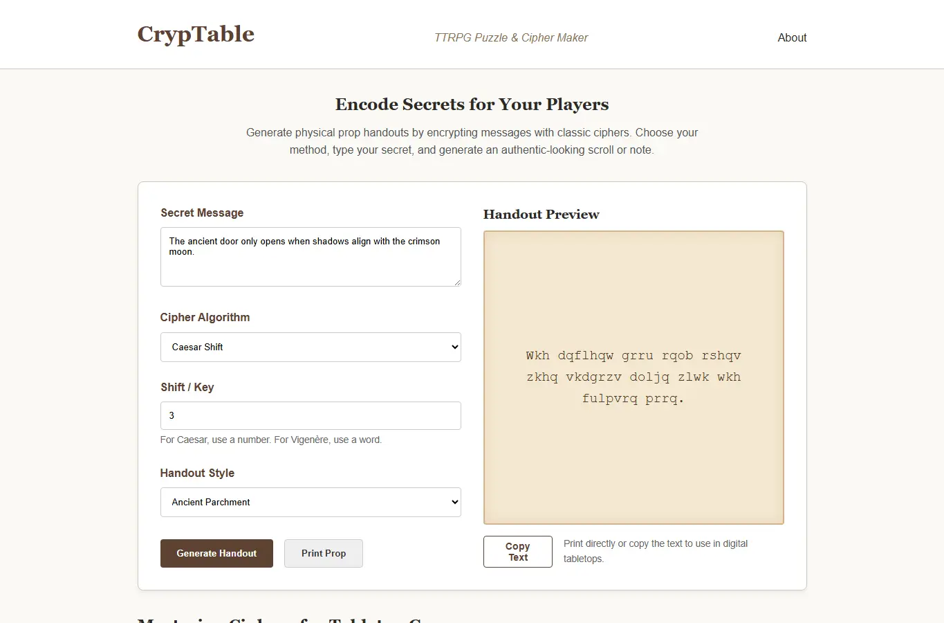 Screenshot of CrypTable: TTRPG Puzzle & Cipher Maker interface showing the project page in use